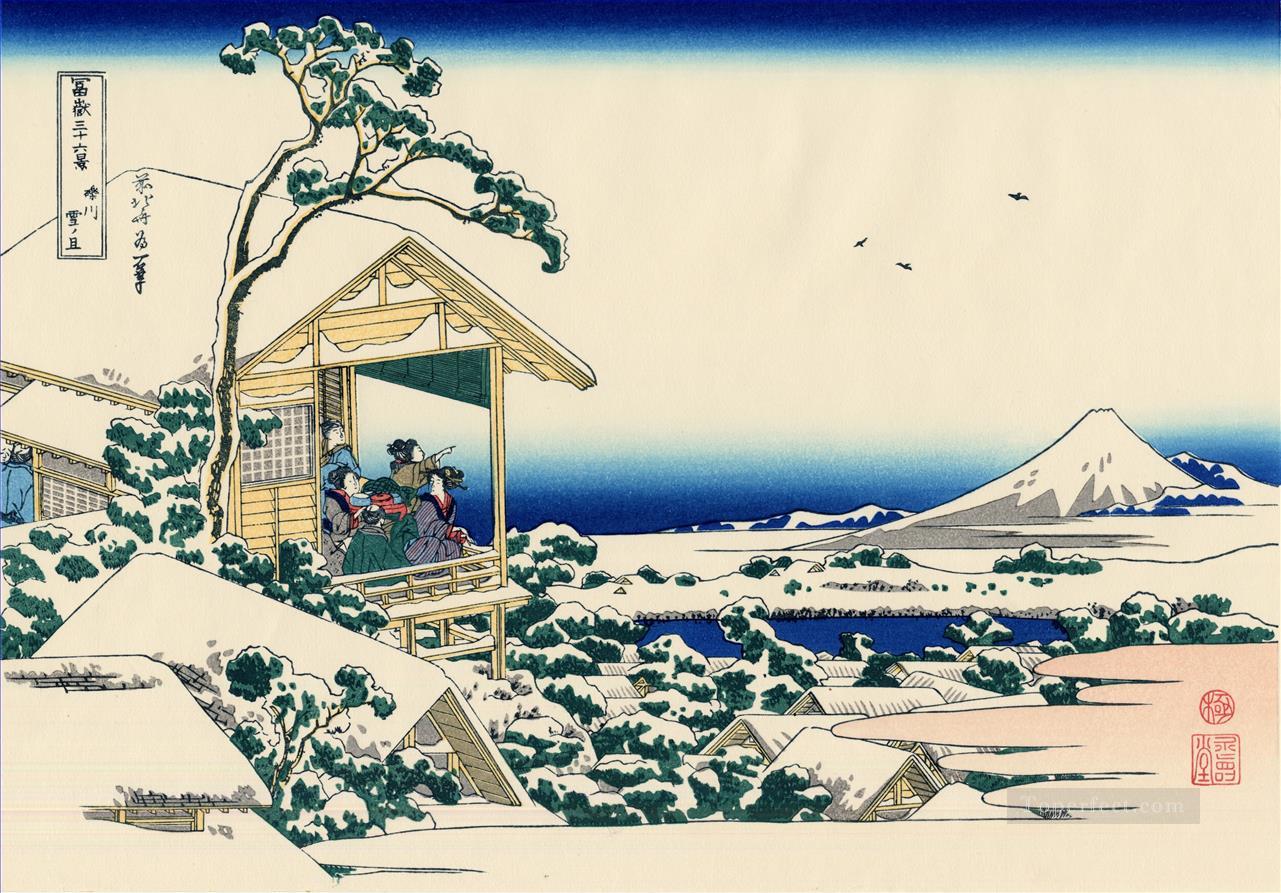 雪の朝の小石川の茶屋 葛飾北斎浮世絵油絵